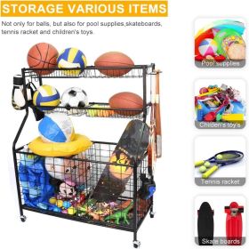 Sports Equipment Organizer; Sports Gear Basketball Storage with Baskets and Hooks; Ball Storage Rack; Garage Ball Storage; Sports Gear Storage; Rollin