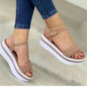 Womens Sandals Summer New Solid Color All-match Buckle Braided Platform Ladies Roman Shoes Outdoor Casual Female Sandals (Color: apricot, size: 42)