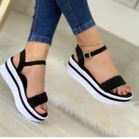 Womens Sandals Summer New Solid Color All-match Buckle Braided Platform Ladies Roman Shoes Outdoor Casual Female Sandals (Color: Black, size: 42)