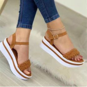 Womens Sandals Summer New Solid Color All-match Buckle Braided Platform Ladies Roman Shoes Outdoor Casual Female Sandals (Color: Brown, size: 39)