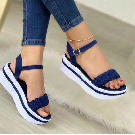 Womens Sandals Summer New Solid Color All-match Buckle Braided Platform Ladies Roman Shoes Outdoor Casual Female Sandals (Color: navy blue, size: 42)